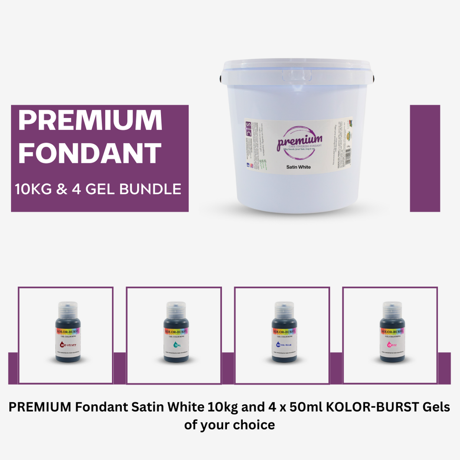 PREMIUM Fondant Satin White 10kg & 4 x 50ml KOLOR-BURST Gels Bundle